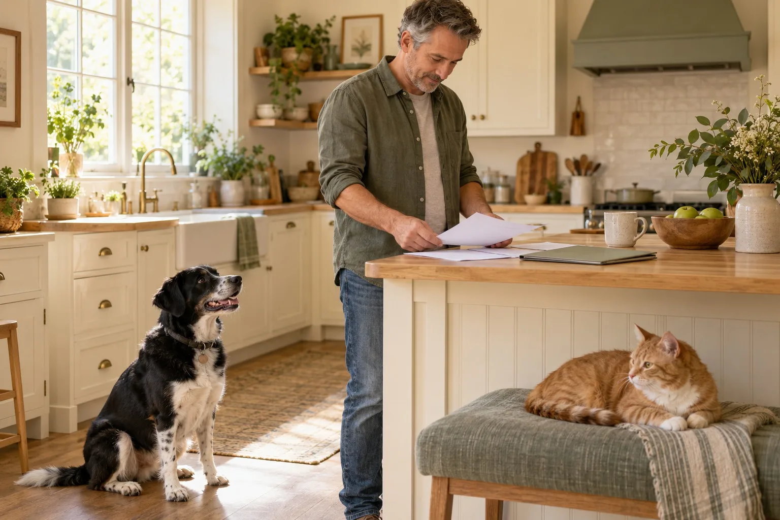 Owner reviewing papers at a kitchen counter with a dog and cat nearby