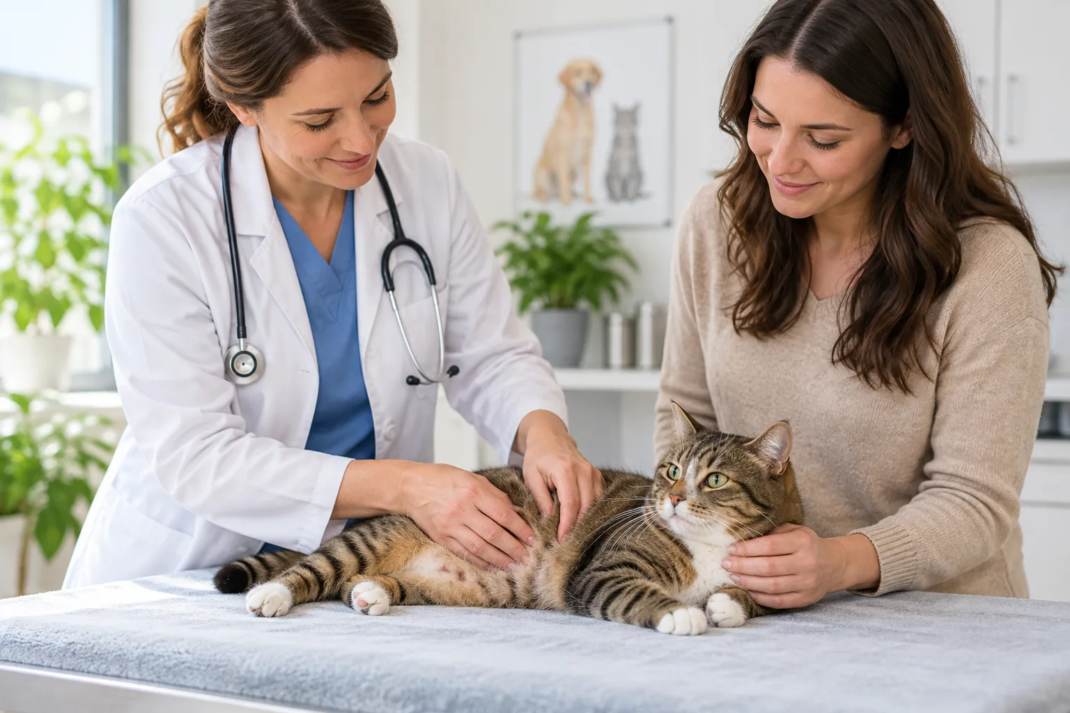Veterinarian and owner talking beside a cat at a clinic